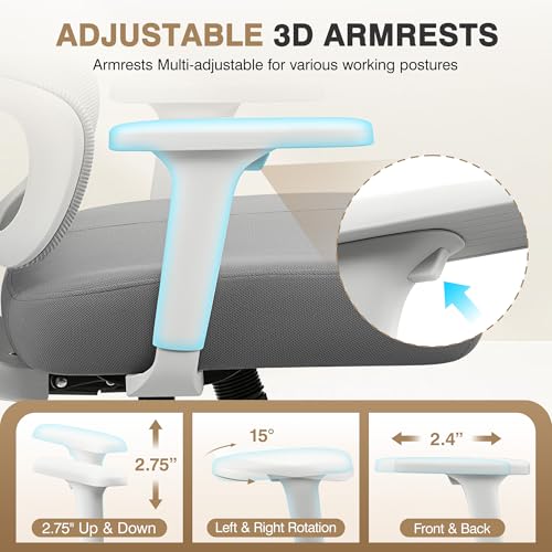 Image of Ergonomic Office Desk Chair, Computer Chair Comfy for Home Office, Standard | Adjustable Lumbar Support for Back Pain Relief, 4.33'' Thick Foam Cushion, 3D Headrest, Steel Frame, 300LBS, LightGray