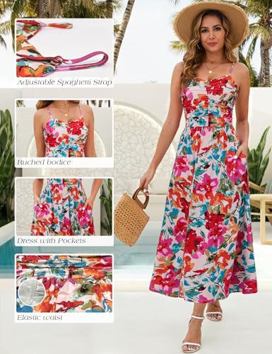 Image of Annebouti Women 2026 Summer Spring Ruched Maxi Dress Adjustable Spaghetti Strap Floral Beach Long Sundress with Pockets