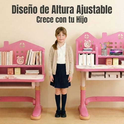 Mesa de Estudio Infantil Ajustable en Altura, Escritorio para Niños con Silla Ergonómica y Cajón, Mesa Escolar Infantil de Escritura Amplia, Conjunto Escritorio Niño para Casa y Estudio (rosa) - imagen 5
