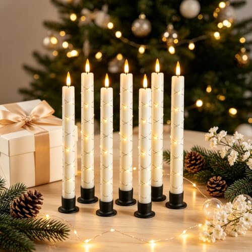 Image of Da by 6 Pack Ivory Heat Resistant Flameless Taper Candles, Cross Surrounding Fairy String Lights, Realistic Dynamic Flame LED Candles with Remote Control for Indoor Outdoor Decor