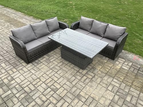 FMSGarden 6 Seater Garden Dining Sets Outdoor Rattan Furniture Lounge Sofa Height Adjustable Rising lifting Table Set Dark Grey Mixed