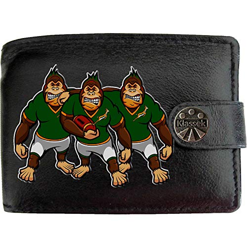 South Africa Rugby Gorilla Bok Springboks Caricature Shirt KLASSEK Mens Wallet Real Black Leather RFID Blocking with Coin Pocket and Metal Gift Box