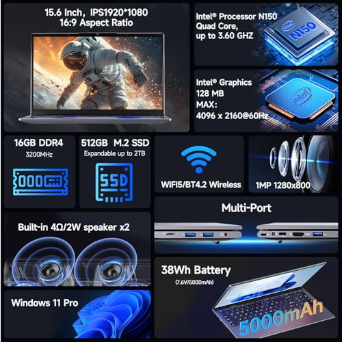 15.6" Laptop Computer Notebook, 2025 Traditional Laptop Computers with 16GB RAM 512GB SSD, Intel N150 Processor, Win 11 Pro, FHD 1080P, 180 Degree Angle, Lap top for Student Business Work - Image 3