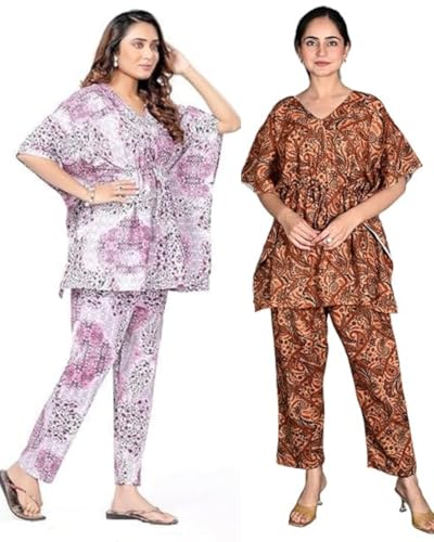 Image of Vlazom Women's 100% Cotton Printed Kaftan & Pyjama Set - Combo Pack of 2 | Free Size Nightwear with Pocket | Soft Cotton Loungewear Co-ord for Women