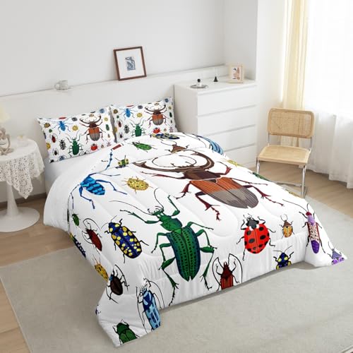 Image of Feelyou Kids Bug Comforter Queen Boys Flying Bugs Pattern Comforter Set for Girls Children Colorful Beetle Collection Decor Bedding Set Soft Lightweight Nature Animal Bed Set 1 Comforter 2 Pillow Case