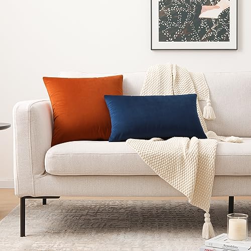 Mixhug Set of 2 Cozy Velvet Rectangle Decorative Lumbar Throw Pillow Covers for Couch and Bed, Navy Blue, 12 x 20 Inches - Thumbnail 3