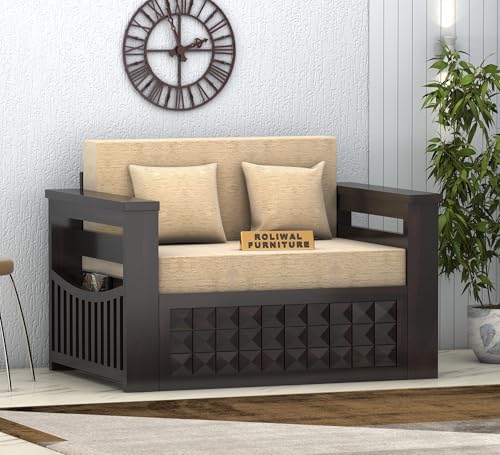 Image of Solid Sheesham Wood Sofa Cums Bed with Mattress & Storage | Rosewood Convertible Sofa Bed for Living Room & Bedroom (B-Walnut Finish, 2 Seater)