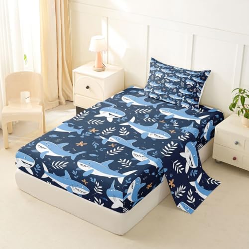 Image of jejeloiu Shark Bed Sheets Set Twin Size Ocean Decor Deep Pocket Fitted Sheet Sea Animal Bedding Sets Marine Life Soft Bed Set 3Pcs with 1 Pillow Cases