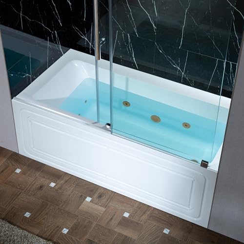 WOODBRIDGE 60' x 30' Alcove Acrylic Rectangular Whirlpool Heated Jetted Tub in White with right Drain, Brushed Gold Finish Trim and Drain Kit Included, BS666-R-BG03