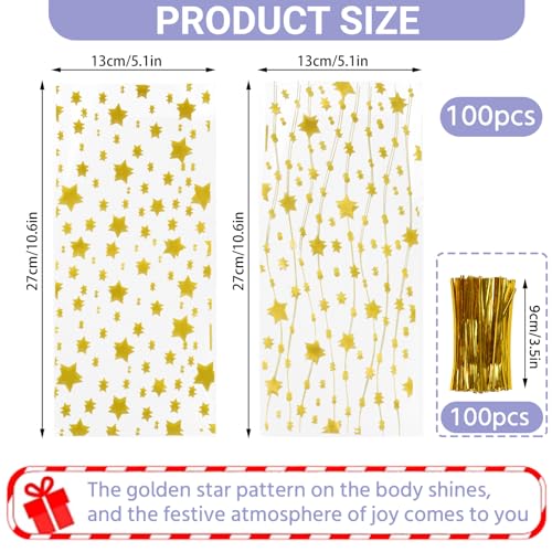 100 Stück Cellophantüten mit Boden, 13x27cm kekstüten mit 100 Metallischen Bindebänder Candy Bar Tüten Geschenktüten Durchsichtig Cellophantüten Klein Durchsichtige Geschenktüten Weihnachten