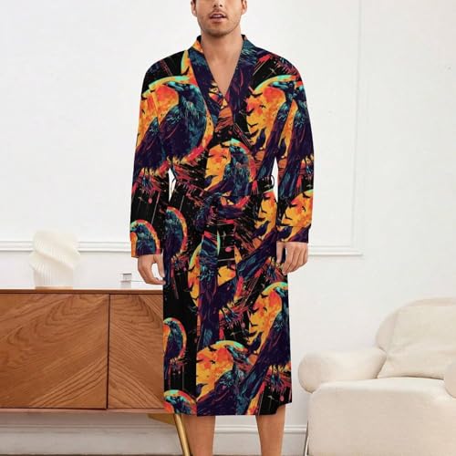 Watercolor Raven Moon Crow Soft Robe Long Sleeve Bathrobes V Neck Sleepwear Spa Robes with Belt Men Woman2