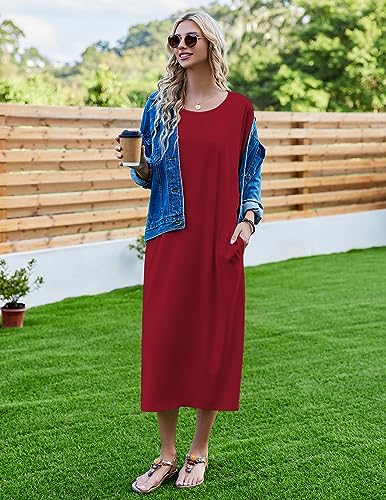 Image of Ekouaer Women's Nightgown Short Sleeve Sleepshirt Long Loungewear Casual Maxi Lounge Dress House Dresses with Pockets
