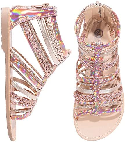MIXIN Girls Gladiator Sandals for Big Kid Little kids with Strappy Ankle High Back Zipper Gold Size UK3