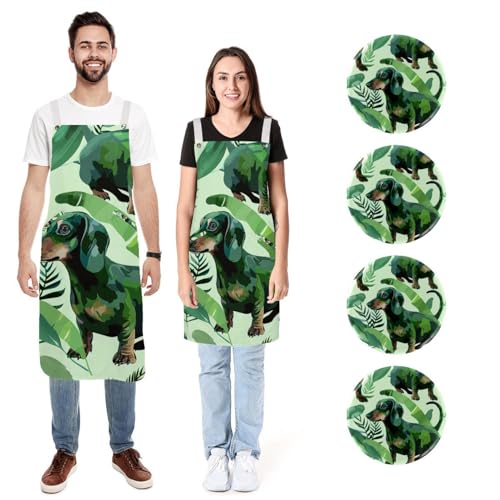 Tablier de cuisine en lin teckel vert lot de 2 réglable avec poches