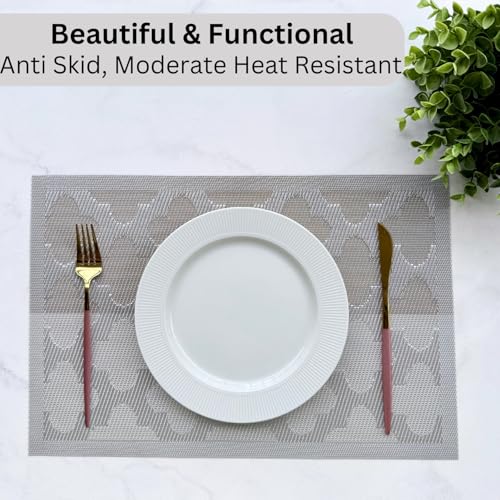 Image of Livmodern Premium PVC Dining Table Mats for 6 Seater| Woven PVC Placemats | Heat Resistant & Anti Skid Table Mats| Wipeable & Washable Set of 6-Silver Clover