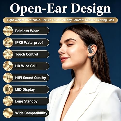 Image of Open-Ear Headphones, Wireless Headphones with Smart Digital Display, Smart Mic, 35H Playtime, Sweat Resistant & Waterproof, Secure Comfortable Fit - Running, Sport, Driving, Outdoor, Daily Use (Black) | (Black) Open Ear Earbuds 35H Playtime, Sweat Resistant & Waterproof, Secure Comfortable Fit - Running, Sport, Driving, Daily