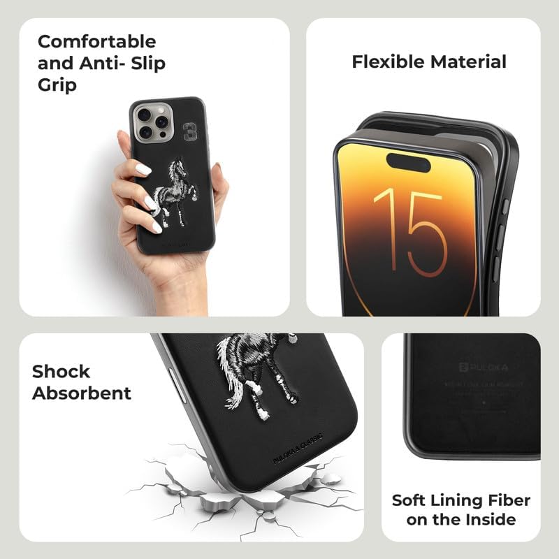 Image of PULOKA - Mobile Cover Compatible for iPhone 16 Pro - Horse Embroidery - Sleek & Stylish - Protective & Anti Scratch Phone Cover Vegan Leather Back Case - Men & Women - Santa Barbara Polo (Black)
