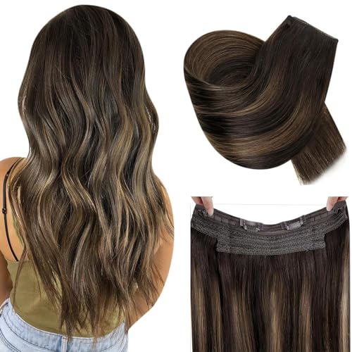 RUNATURE Wire Hair Extensions - Human Hair Brown Ombre Balayage - Invisible Wire - Real Human Hair - 16 Inch 80 Gram
