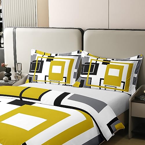 100% Organic Cotton Abstract Duvet Cover Geometric Square Striped Bedding Set Black White Yellow Grey Comforter Cover for Kids Adults,Modern Simple Bed Set 2 Pillow Cases Double Size - Image 4