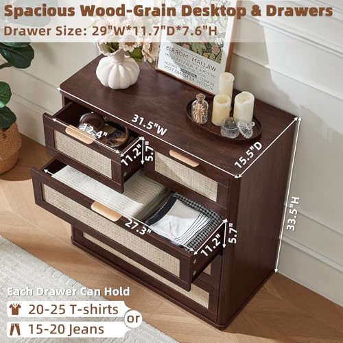 Image of LEYAOYAO Dresser for Bedroom Set of 2, 33.5 inch Tall Chest of Drawers, Modern 5 Drawers Boho Rattan Dressers with Storage, Dresser Wooden Closet Organizer for Living Room, Hallway