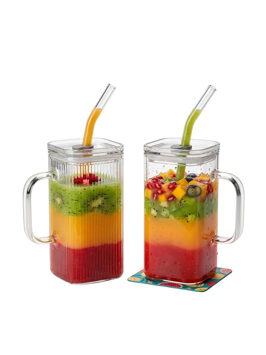 400ml Glass Tumbler with Lid and Reusable Glass Straw Square Borosilicate Glass Coffee Mug Drinking Cup for Iced Coffee Juice Smoothies Milk Tea Water Leak Resistant-image-45