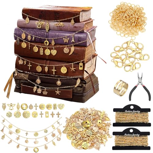 VioraWhite 1 Set 1 Set 346 Pcs DIY Bible Charm Bookmarks Making Kit Gold Bible Charms Chains Lobster Clasps & Tools Christian Religious Craft for Church Activities Faith Baptism Gift (Basic Style)