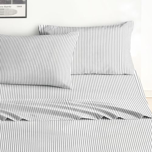 Image of Wake In Cloud - Striped Bed Sheets, 4-Piece Sheet Set, Ticking Vertical Pin Stripe Modern Farmhouse Pattern Printed Bedding, Deep Pocket, Gray White, Queen Size
