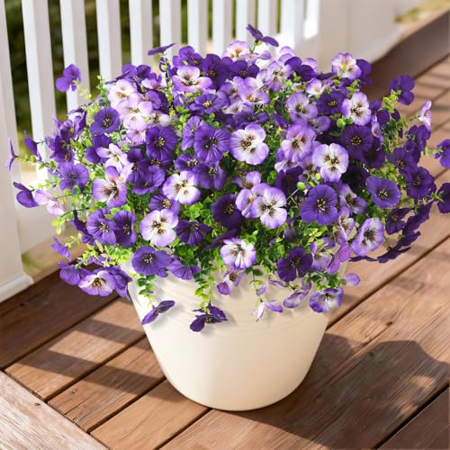 INQCMY Artificial Fake Pansy Flowers for Outdoor, 12 Pcs Faux Silk Pansies Flower for Spring Summer Decoration, UV Resistant Fake Plants for Outside Planter Porch Yard Patio Home Decor(Double Purple)