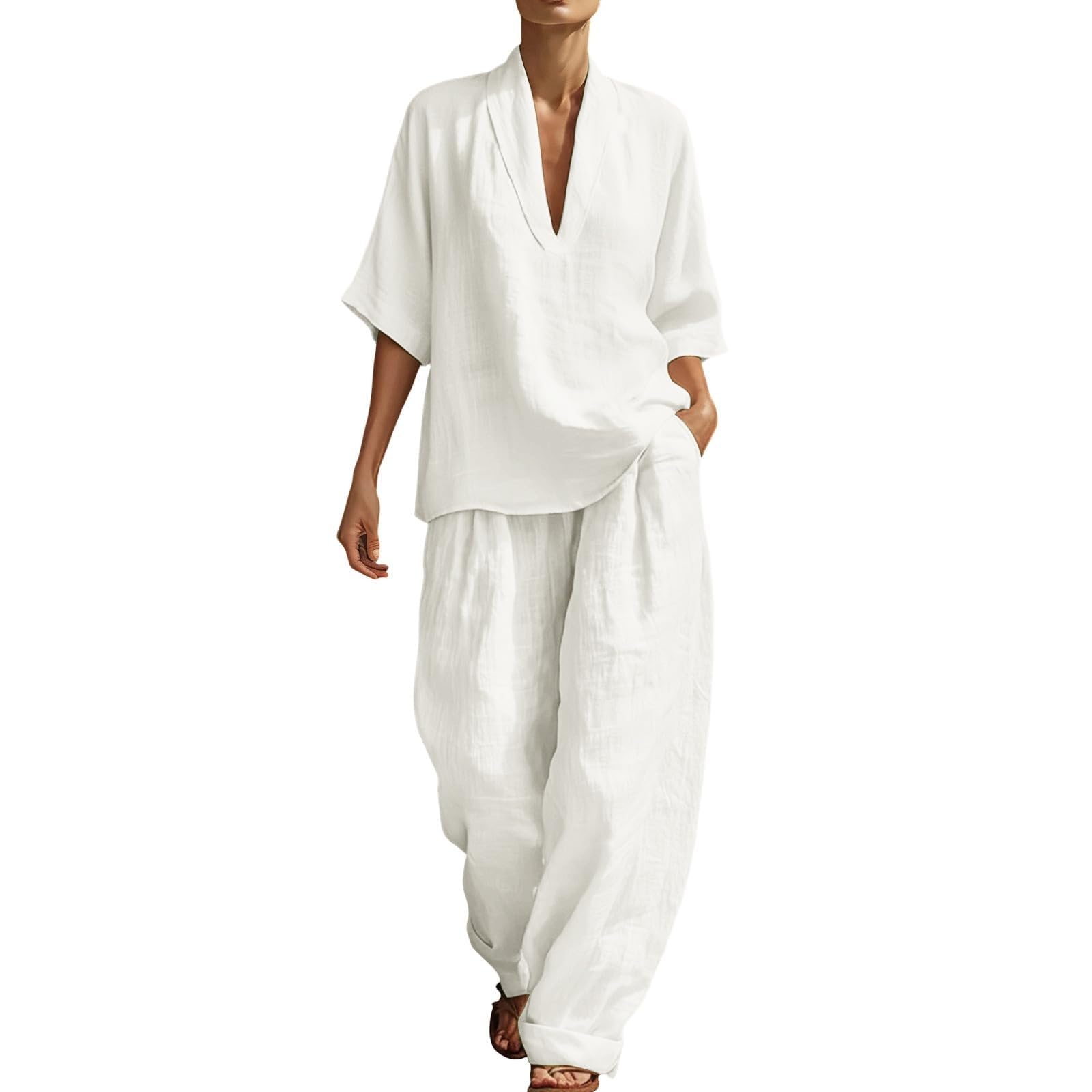Co Ord Ensembles 2 pièces pour femme - Tenue de voyage à l'aéroport - Chemise à manches mi-longues et col en V - Pantalon ample à jambes larges avec poches - En coton et lin - Vêtements de vacances