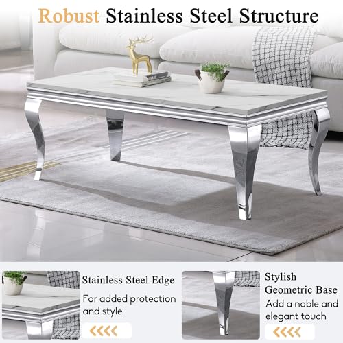Image of Luxury Coffee Table Set of 2, Rectangular Coffee Table with End Side Table, Modern 2 Piece Living Room Table Set with Faux Marble Top & Silver Stainless Steel S Legs for Apartment Home Office