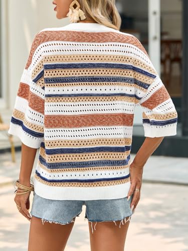 Saodimallsu Womens V Neck Crochet Sweaters Striped Short Sleeve Pullover Hollow Out Tops Beach Cruise Outfits 20253
