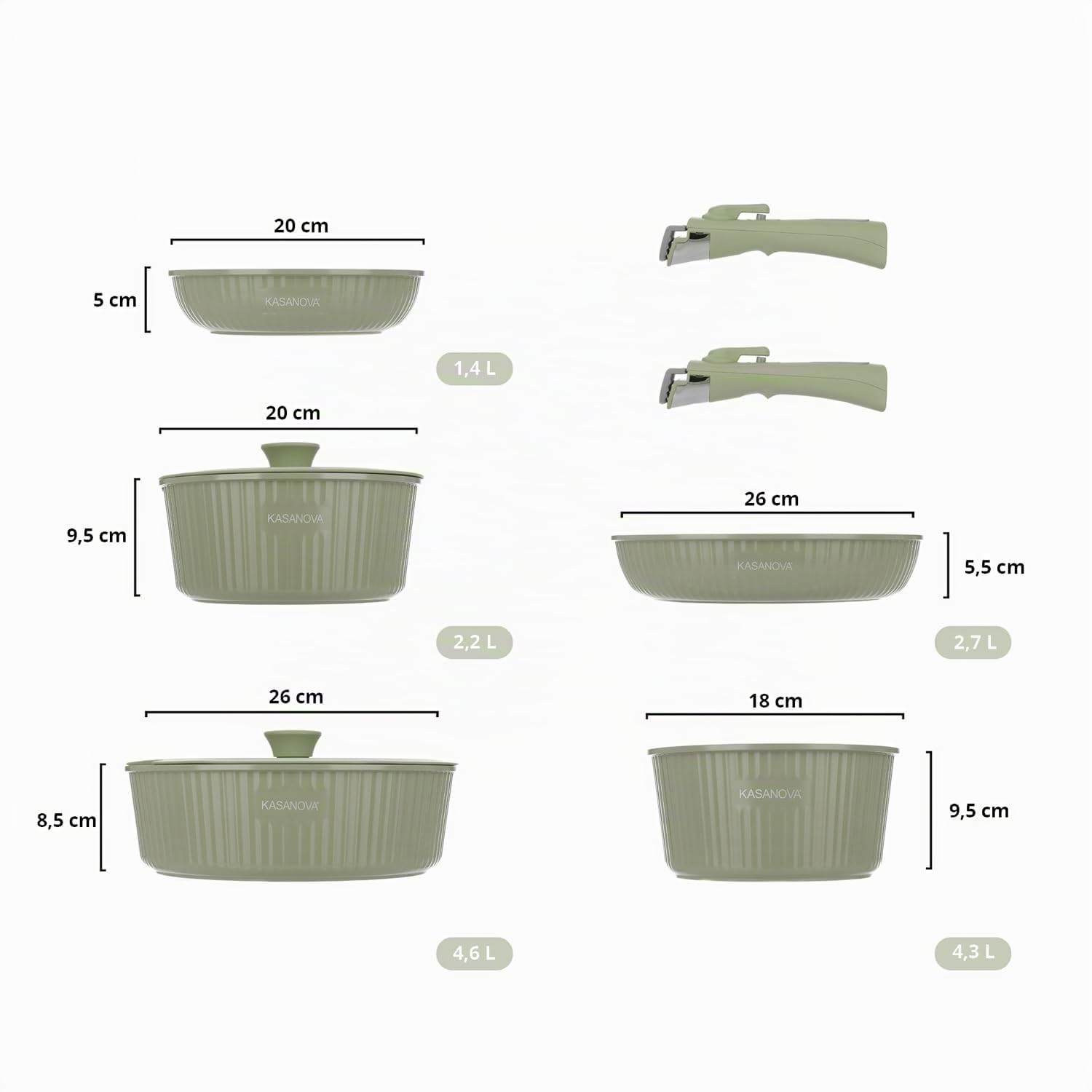 KASANOVA Batteria pentole 9 pezzi Eaziclip, Set pentole induzione con rivestimento ceramico e manici staccabili per uso in forno, Batteria antiaderente verde con coperchi