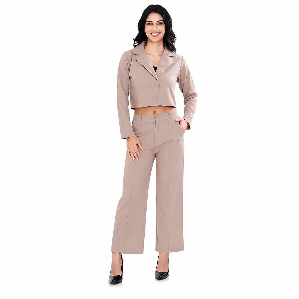 kartmitra Women's Elegant Beige Co-Ord Set for Women – Long Sleeve Cropped Blazer Jacket with High Waist Wide Leg Trousers, Formal Office Wear Two Piece Outfit.-picture-20