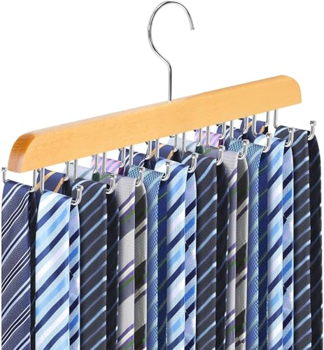 Tie Rack and Belt Hanger for Closet, 20 Foldable Non-Slip Hooks on Wooden Organizer for Ties, Belts, Scarves, Bras, and Tank Tops