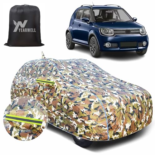 Image of Car Body Cover for Maruti Suzuki Ignis, 100% Waterproof, Heat-Resistant with Mirror & Antenna Pockets, Soft Cotton Lining, Triple Stitched, Green Reflector (Jungle Print)