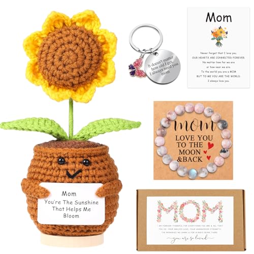 Lamyba Mom Gifts from Daughter,Christmas Birthday Gifts for mom,Handmade Positive Sunflower Doll Crochet with Card,Keychains,Bracelet and Gift Card,Gift for Mom from Daughter and Son