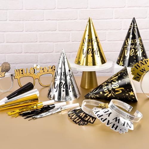 36Pcs 2026 New Year’s Eve Party Supplies Kit, New Year Party Favors with Hats, Headbands, Glasses & Noise Makers, Black Gold Silver 2026 Decorations for Countdown Celebration Photo Props by Velorian - Used condition - Image 5