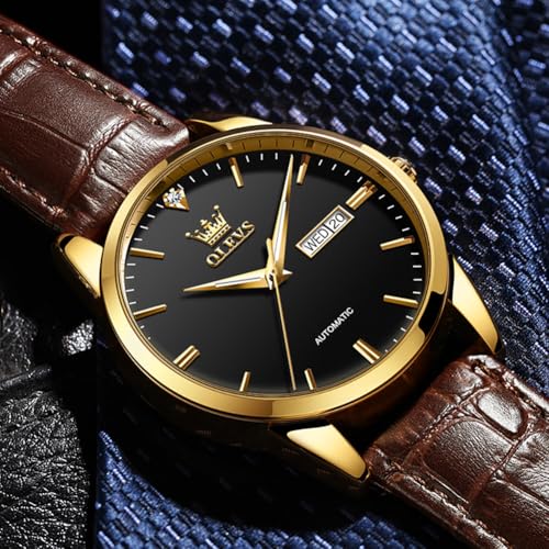 Image of OLEVS Mens Leather Watch Dress Casual Quartz Brown Wrist Watch Date