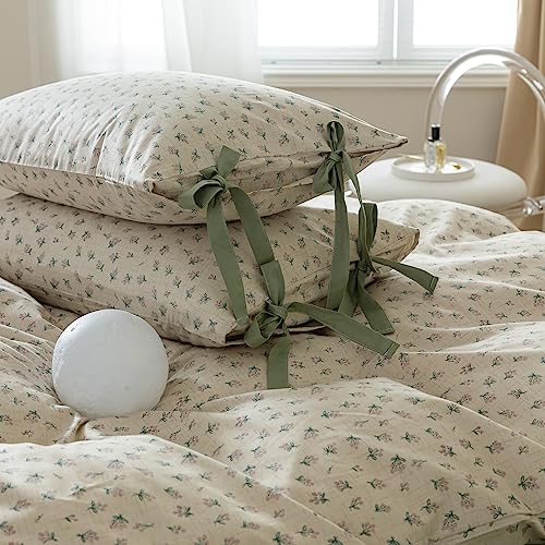 Image of LifeTB Full Comforter Set Vintage Green Floral Bedding Comforter Boho Flower Cottagecore Comforter with 2 Bow Ties Pillowcases Fluffy Lightweight Bedding Farmhouse Botanical Comforter Set