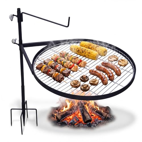 Upgraded Campfire Grill Grate with Anti-Wobble Cross Base - Heavy Duty 304 Stainless Steel Swivel Fire Pit Cooking Stand, Adjustable Height BBQ Rack for Heavy Dutch Ovens, Outdoor Camping & Backyard