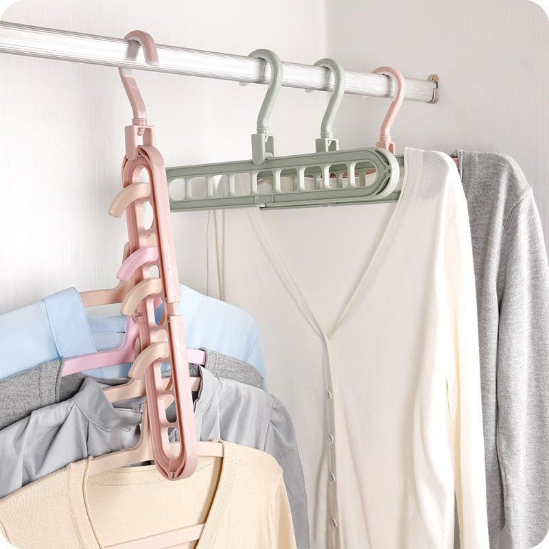 Image of Foldable Magic Hanger Space Saving Clothes Organizer | 9 Hole Multi Layer Wardrobe Hanger | Rotating Closet Organizer for Shirts, T-Shirts, Tops & Kids Clothes (Pack of 1, Multi Colour)