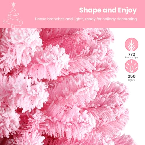 Image of SHareconn 6ft Snow Flocked Spruce Pre-lit Artificial Christmas Tree, Pink | 250 Warm White Incandescent Lights, 772 Branch Tips, Foldable Metal Stand, Full Snow Flocked Xmas Tree for Holiday Decor