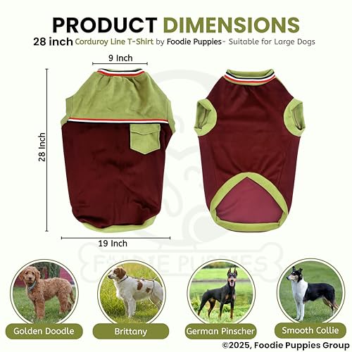 Image of Foodie Puppies Corduroy Line Velvet Pocket T-Shirt Warm Sweater Jacket - (28 inch, Olive & Maroon) for Large Dogs | Soft, Lightweight Pet Apparel | Stylish, Comfortable, Durable, Stretchable