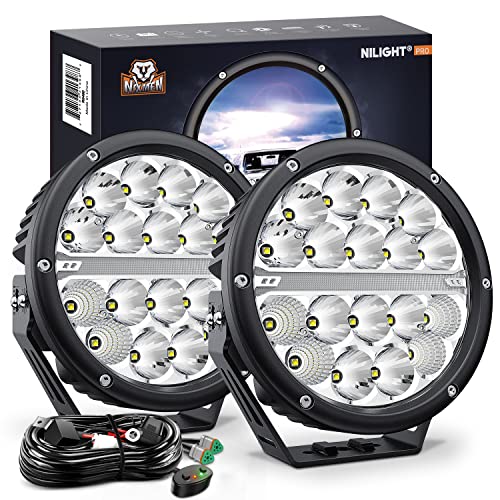 Nilight 7 Inch Round LED Offroad Driving Lights with DRL 2 PCS 90W 9850LM IP68 Spot Flood Combo Work Light w/ 12AWG DT Connector Wiring Harness Kit for 4x4 Truck ATV UTV SUV