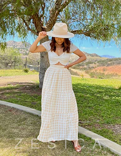 Zesica Women's 2023 Summer Plaid Elastic High Waist Flowy A Line Maxi Skirt With Pockets,Apricot,Large #TOP3