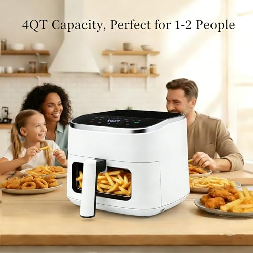 Image of HealSmart 4 Qt Air Fryer with Visible Window, 8-in-1 Digital Airfryer with Interior Light, 1500W, Nonstick Dishwasher-Safe Basket for Fries, Bake, Wings, 60-Min Timer, White