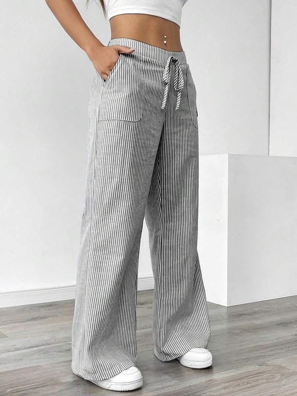 Women’s Striped Wide Leg Pants, High Waist Casual Lounge Trousers with Drawstring, Loose Fit Streetwear3