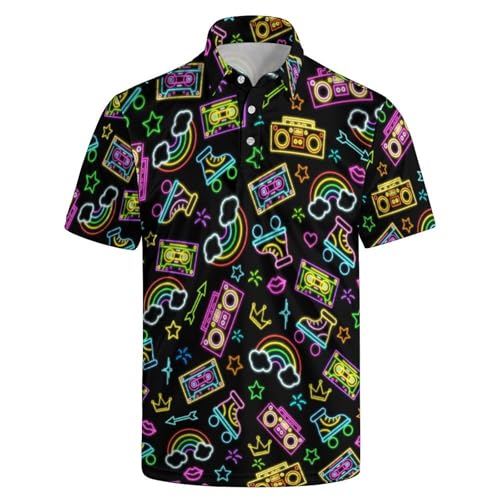 Mens Neon 80S Polo Shirt Performance Moisture Wicking Golf Shirt Dry Fit Golf Polo Shirt Short Sleeve Polo Shirt Xl