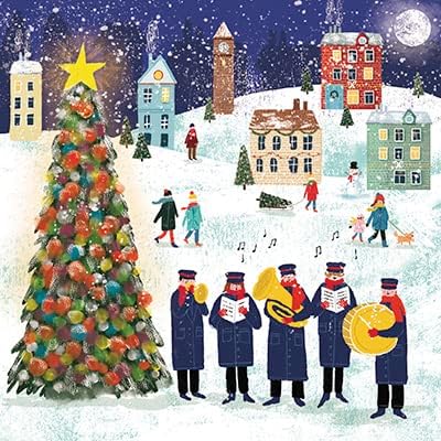 The Almanac Gallery Pack of 6 Artistic Charity Christmas Cards, 'Carols By The Tree', Village Brass Band at Night