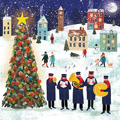 GBCC The Almanac Gallery Pack of 6 Artistic Charity Christmas Cards - 'Carols By The Tree' - Village Brass Band at Night - From The Great British Card Company, multi, 141 x 141 mm